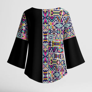 African Ndebele Art Patterns Kimono Sleeve Blouse Black Half Style