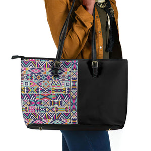 African Ndebele Art Patterns Leather Tote Bag Black Half Style