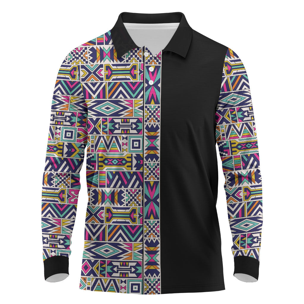 African Ndebele Art Patterns Long Sleeve Polo Shirt Black Half Style