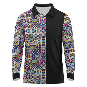 African Ndebele Art Patterns Long Sleeve Polo Shirt Black Half Style