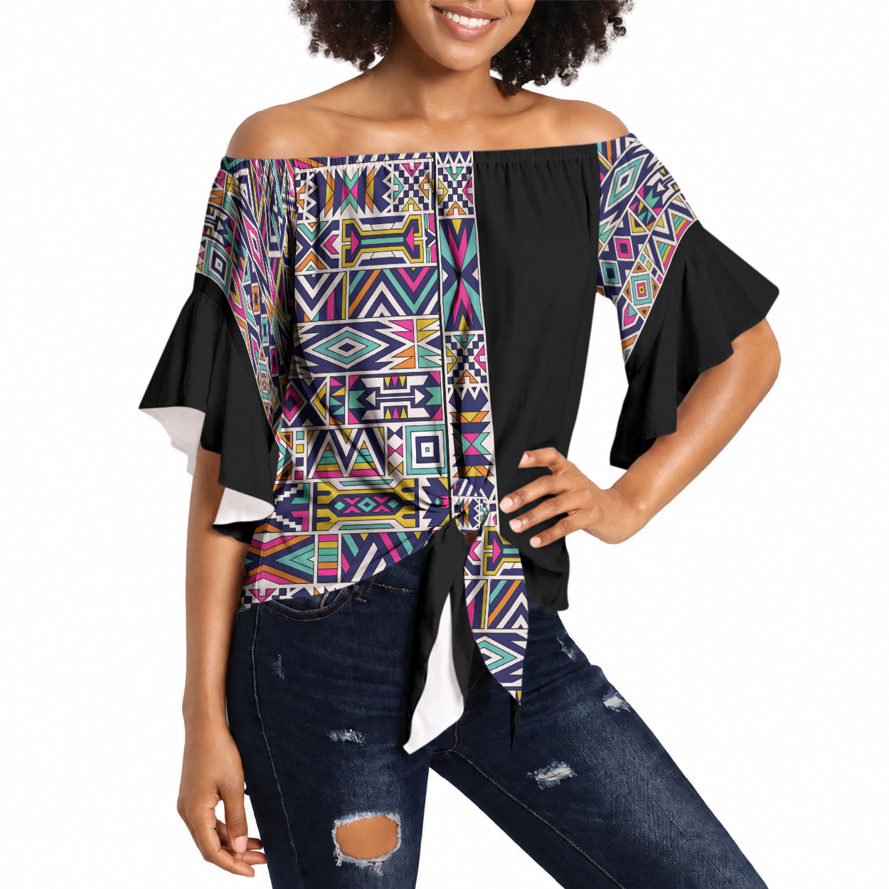 African Ndebele Art Patterns Off Shoulder Wrap Waist Top Black Half Style