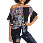 African Ndebele Art Patterns Off Shoulder Wrap Waist Top Black Half Style