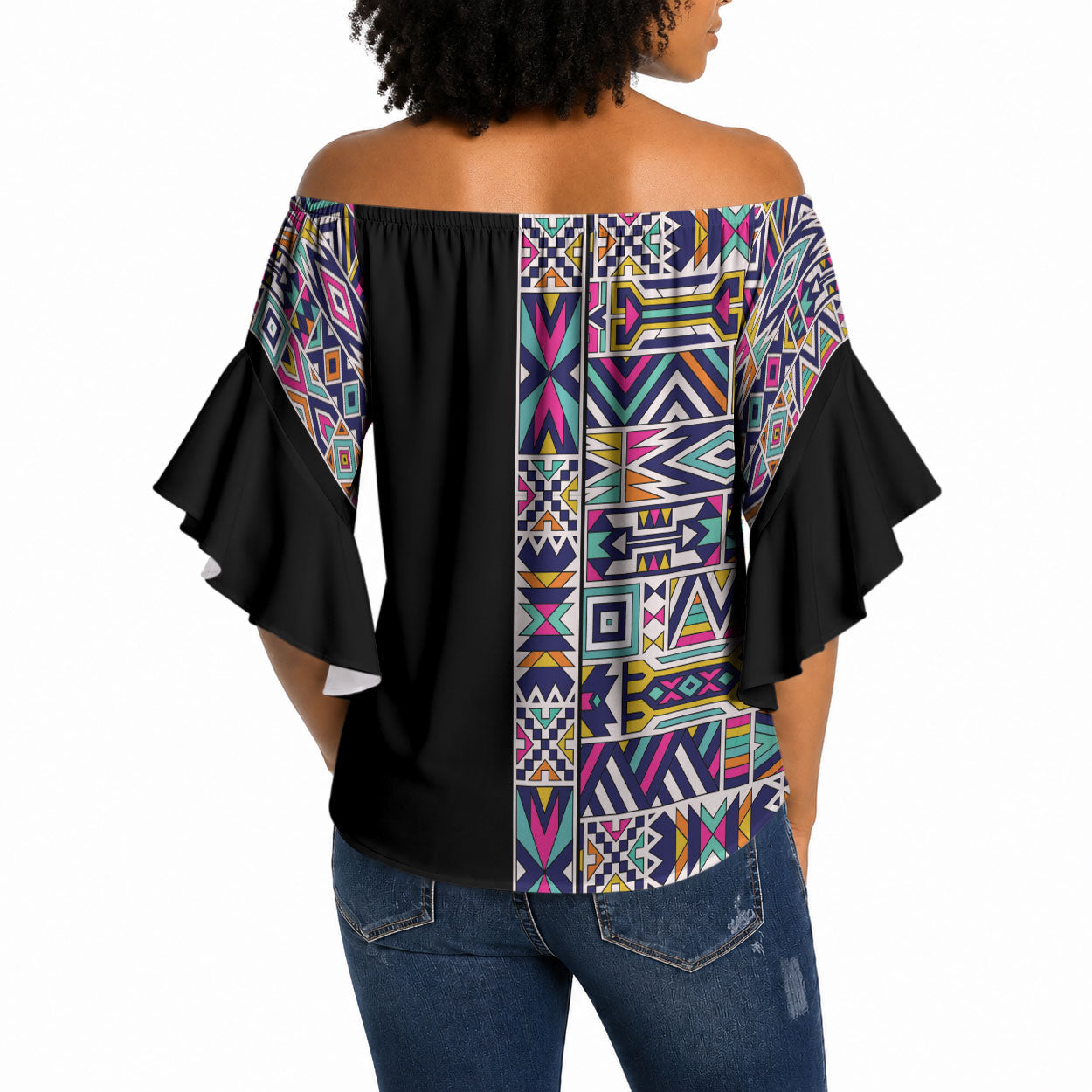 African Ndebele Art Patterns Off Shoulder Wrap Waist Top Black Half Style