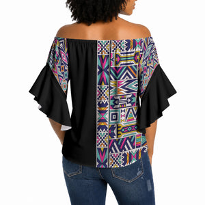 African Ndebele Art Patterns Off Shoulder Wrap Waist Top Black Half Style