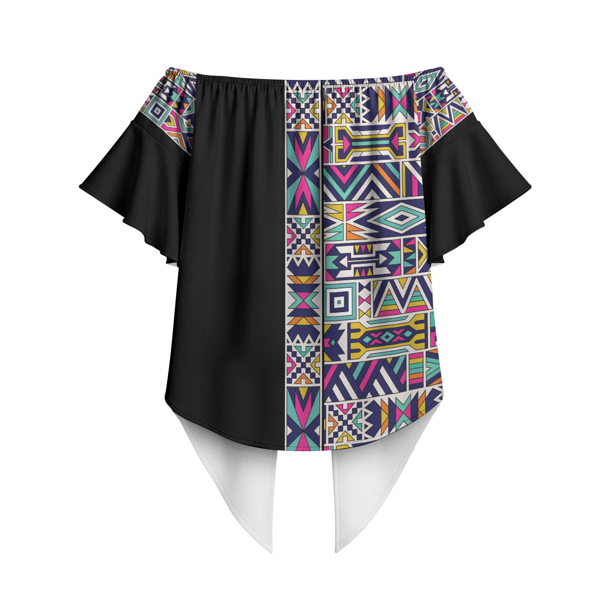African Ndebele Art Patterns Off Shoulder Wrap Waist Top Black Half Style