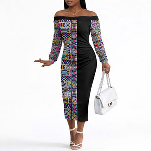 African Ndebele Art Patterns Off The Shoulder Long Sleeve Dress Black Half Style