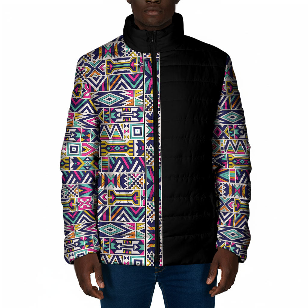 African Ndebele Art Patterns Padded Jacket Black Half Style