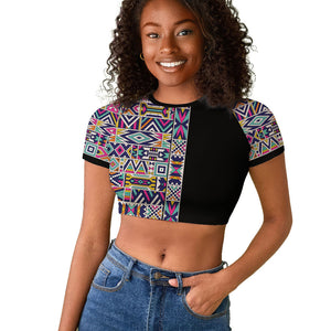 African Ndebele Art Patterns Raglan Cropped T shirt Black Half Style