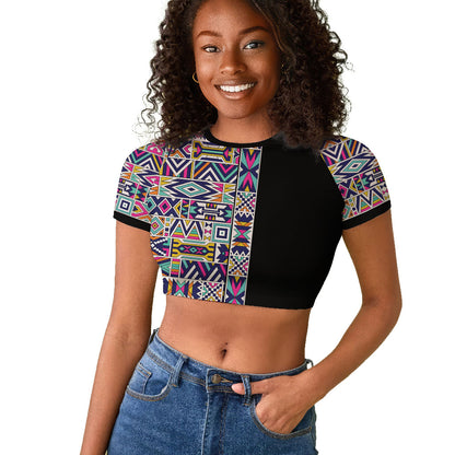 African Ndebele Art Patterns Raglan Cropped T shirt Black Half Style