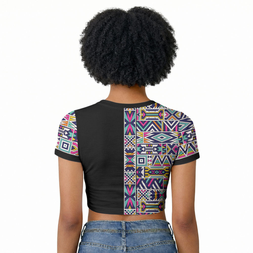 African Ndebele Art Patterns Raglan Cropped T shirt Black Half Style