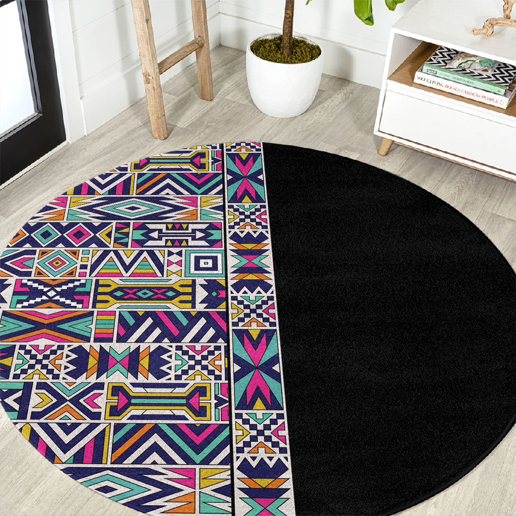 African Ndebele Art Patterns Round Carpet Black Half Style