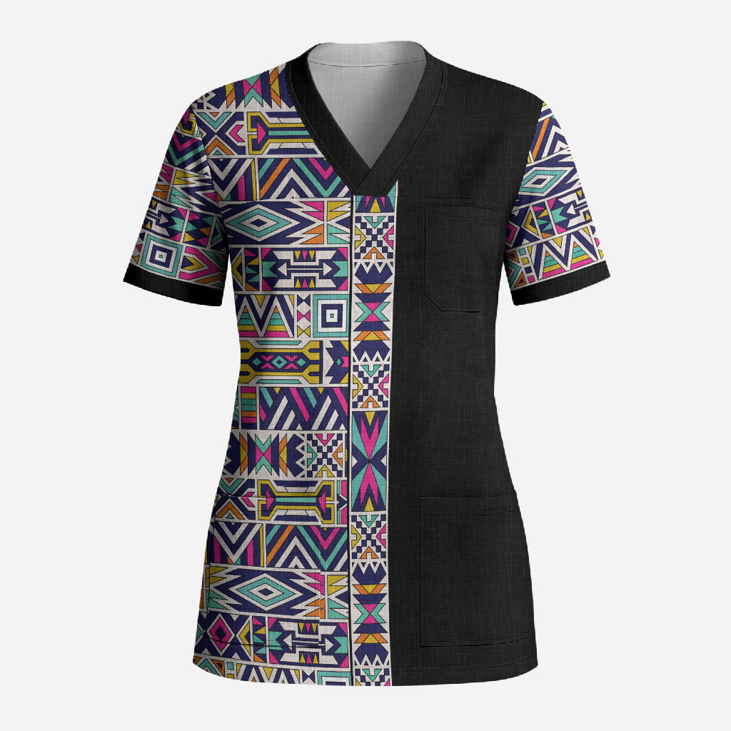 African Ndebele Art Patterns Scrub Top Black Half Style
