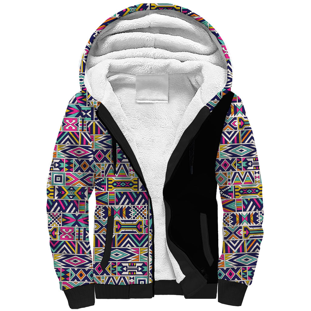 African Ndebele Art Patterns Sherpa Hoodie Black Half Style
