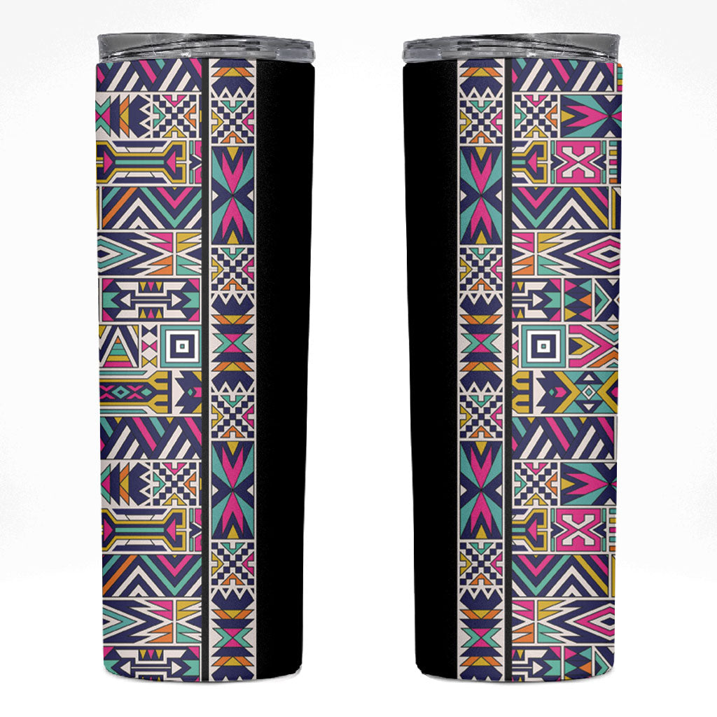 African Ndebele Art Patterns Skinny Tumbler Black Half Style