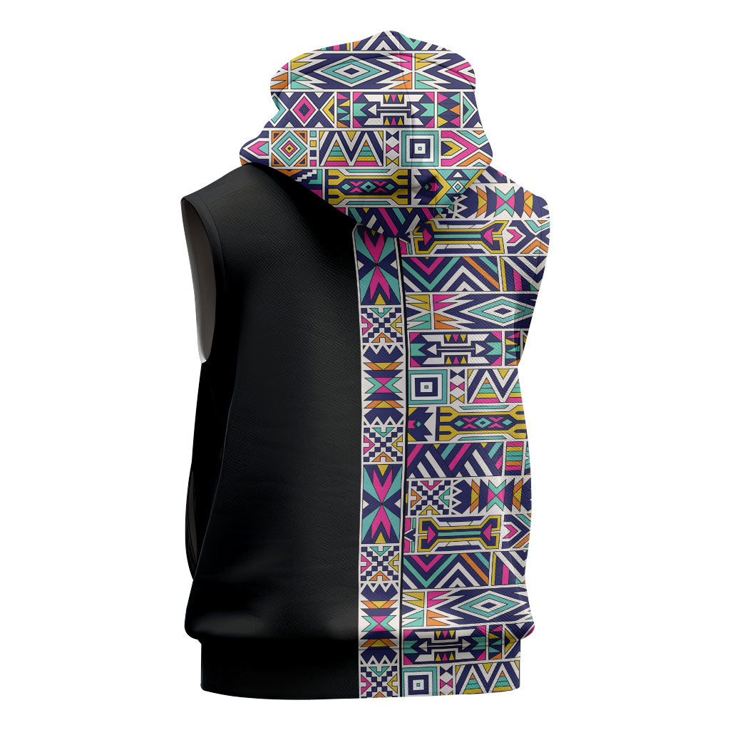 African Ndebele Art Patterns Sleeveless Hoodie Black Half Style