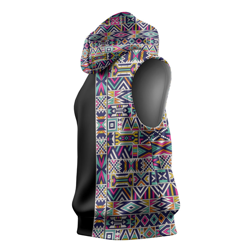 African Ndebele Art Patterns Sleeveless Hoodie Black Half Style