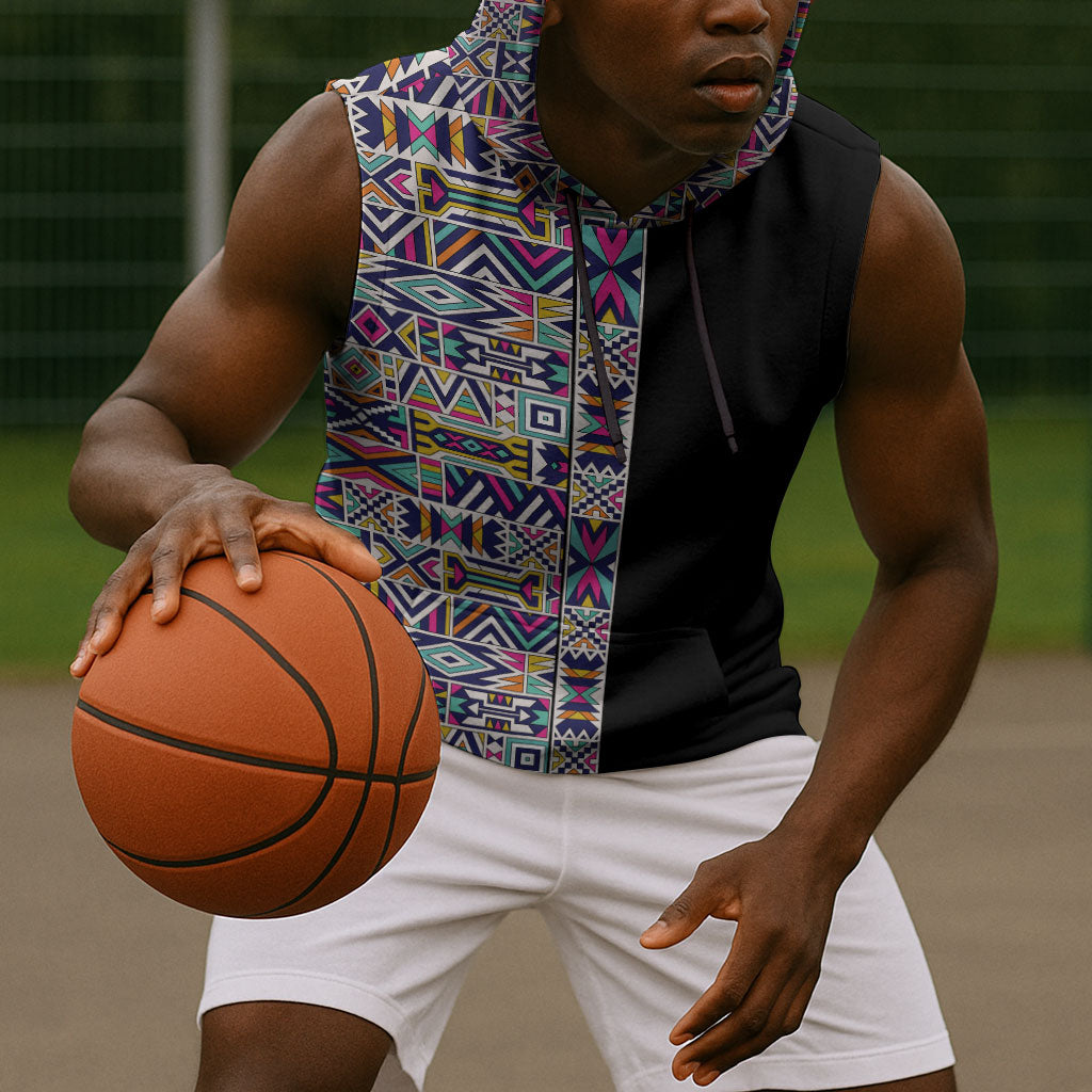 African Ndebele Art Patterns Sleeveless Hoodie Black Half Style