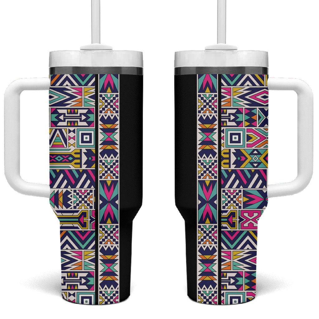 African Ndebele Art Patterns Tumbler With Handle Black Half Style