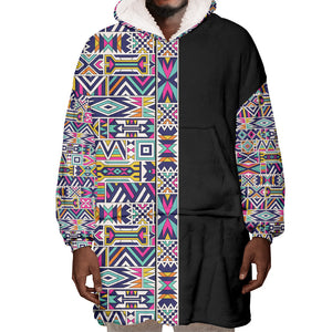 African Ndebele Art Patterns Wearable Blanket Hoodie Black Half Style