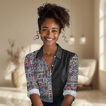 African Ndebele Art Patterns Women Casual Shirt Black Half Style