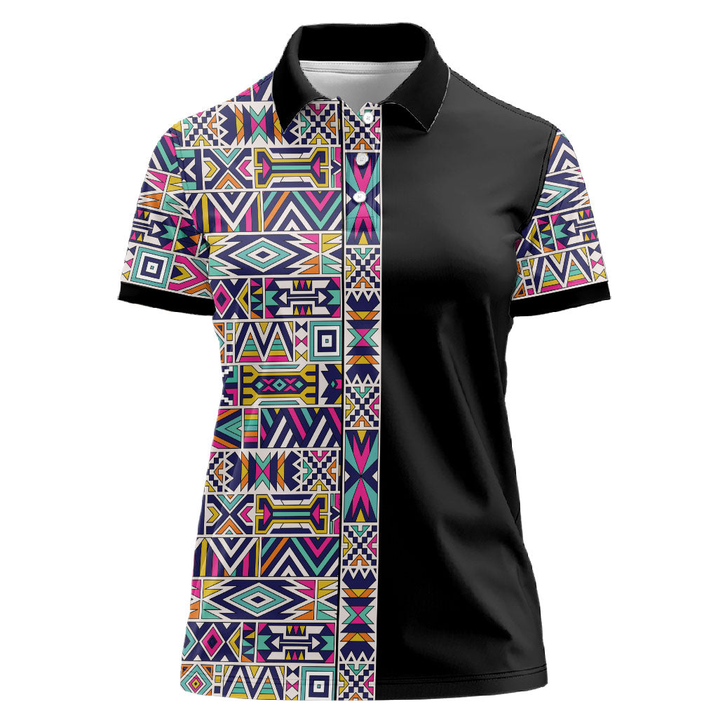 African Ndebele Art Patterns Women Polo Shirt Black Half Style