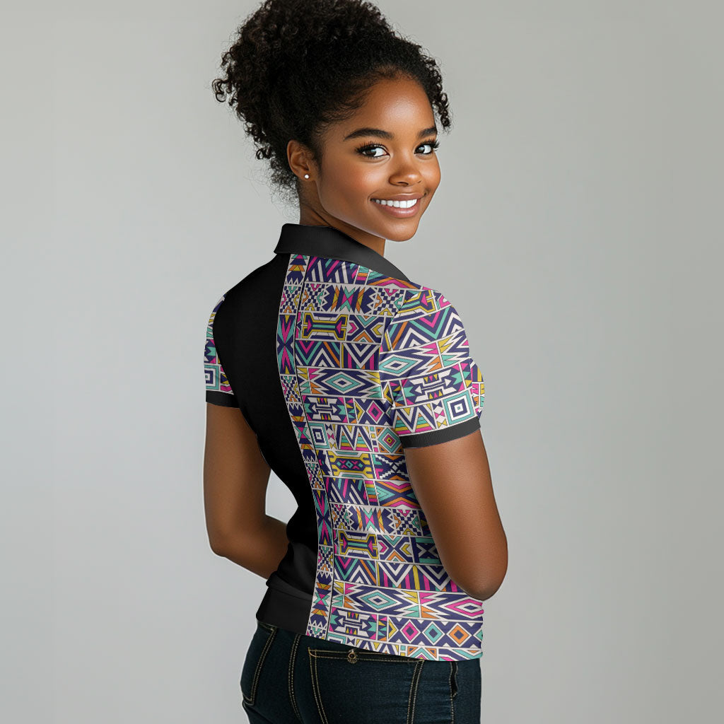 African Ndebele Art Patterns Women Polo Shirt Black Half Style