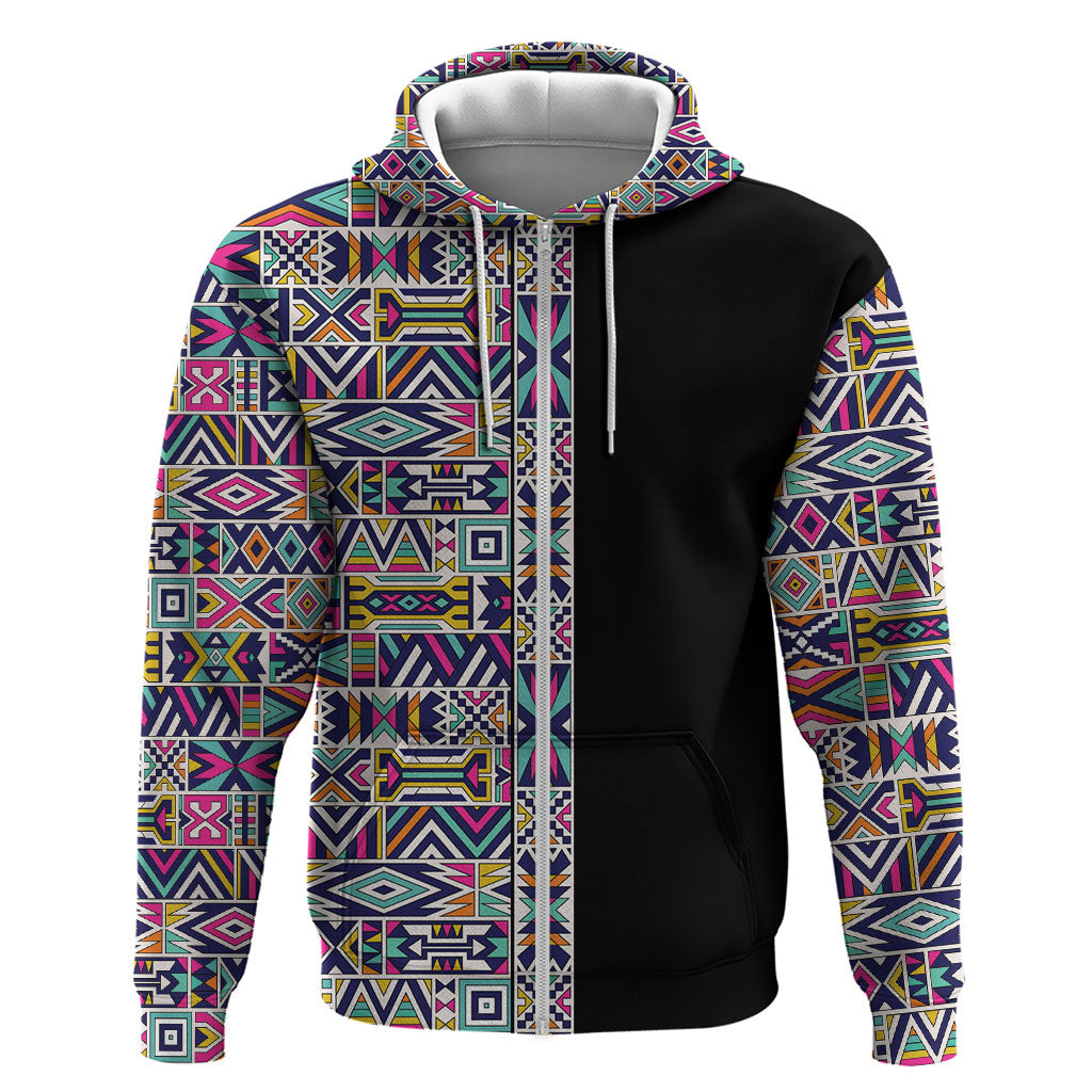 African Ndebele Art Patterns Zip Hoodie Black Half Style