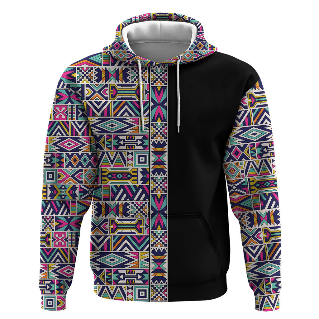 African Ndebele Art Patterns Zip Hoodie Black Half Style