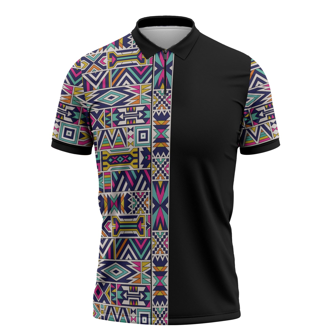 African Ndebele Art Patterns Zipper Polo Shirt Black Half Style