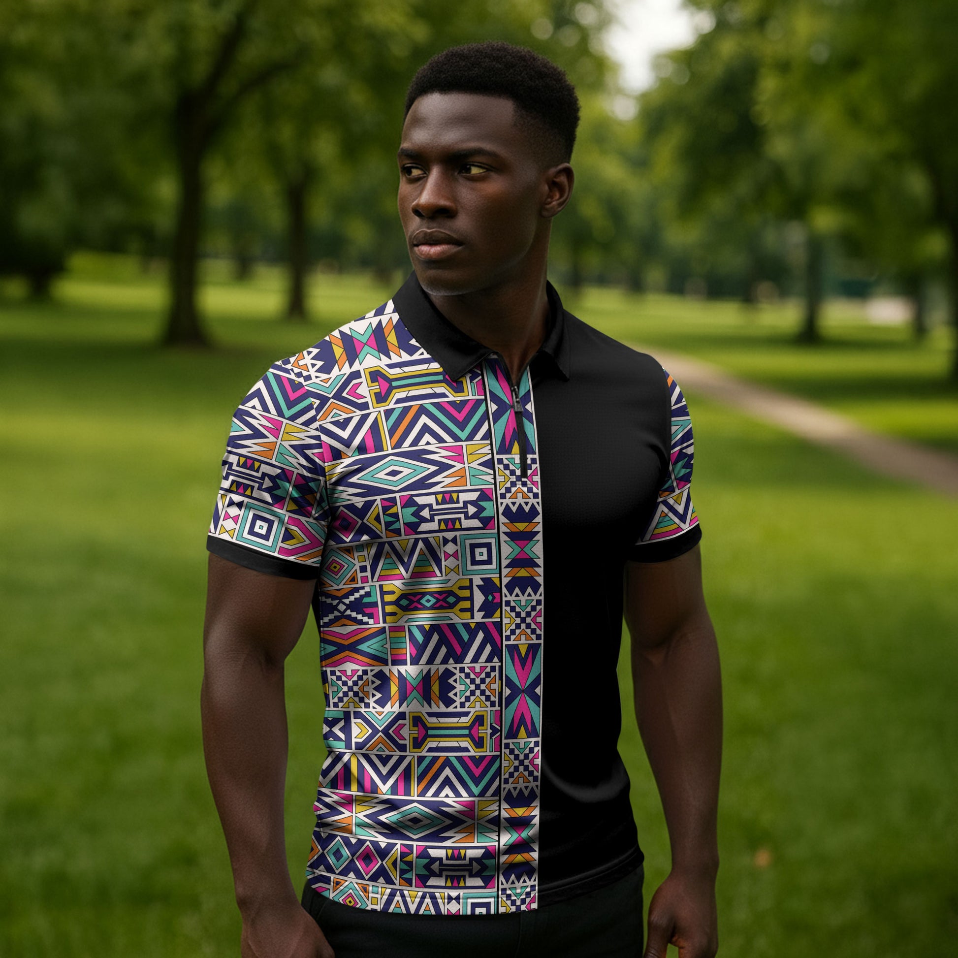 African Ndebele Art Patterns Zipper Polo Shirt Black Half Style