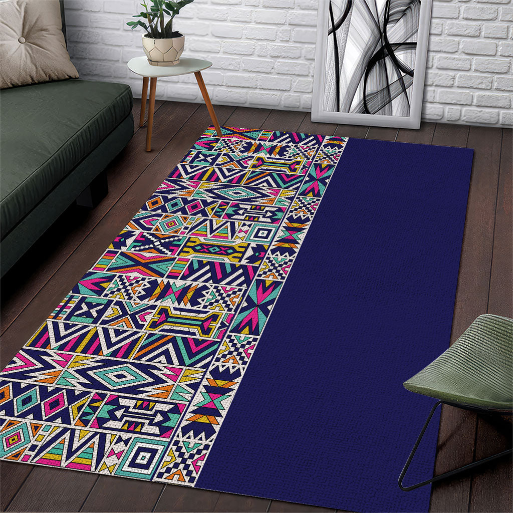 African Ndebele Art Patterns Area Rug Navy Blue Half Style