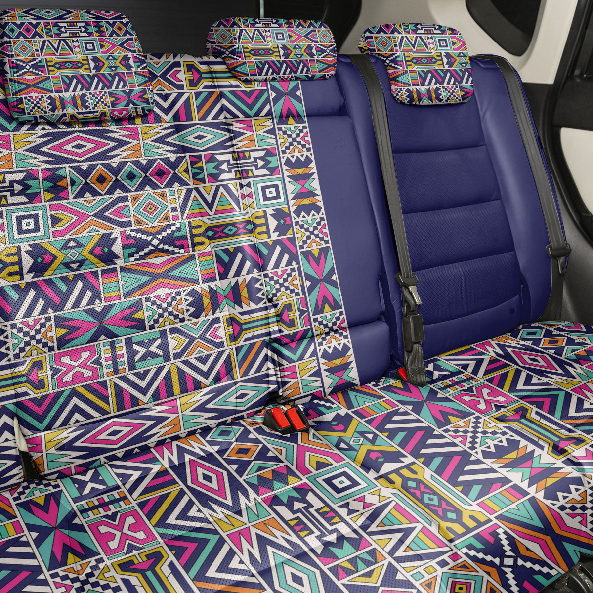 African Ndebele Art Patterns Back Car Seat Cover Navy Blue Half Style