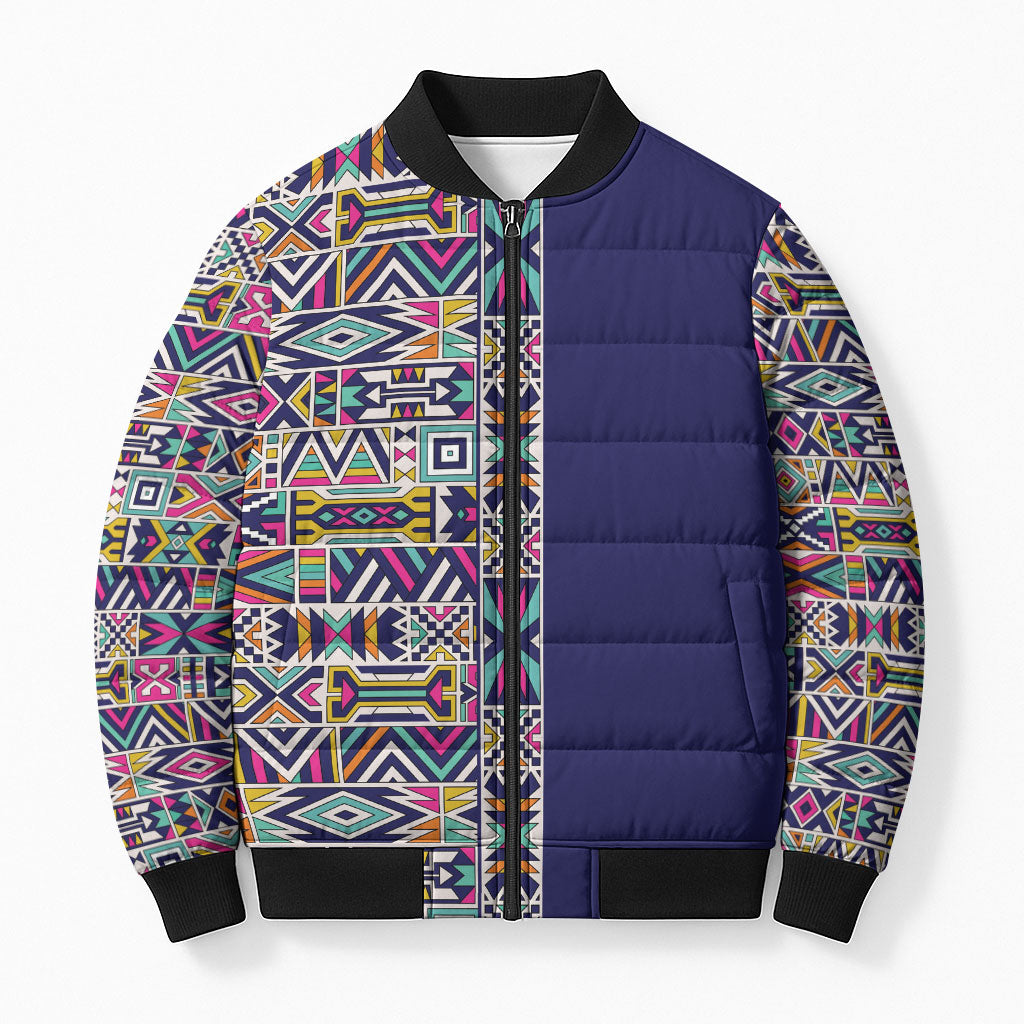 African Ndebele Art Patterns Bomber Puffer Jacket Navy Blue Half Style
