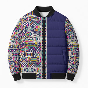 African Ndebele Art Patterns Bomber Puffer Jacket Navy Blue Half Style