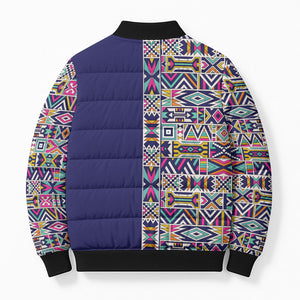 African Ndebele Art Patterns Bomber Puffer Jacket Navy Blue Half Style