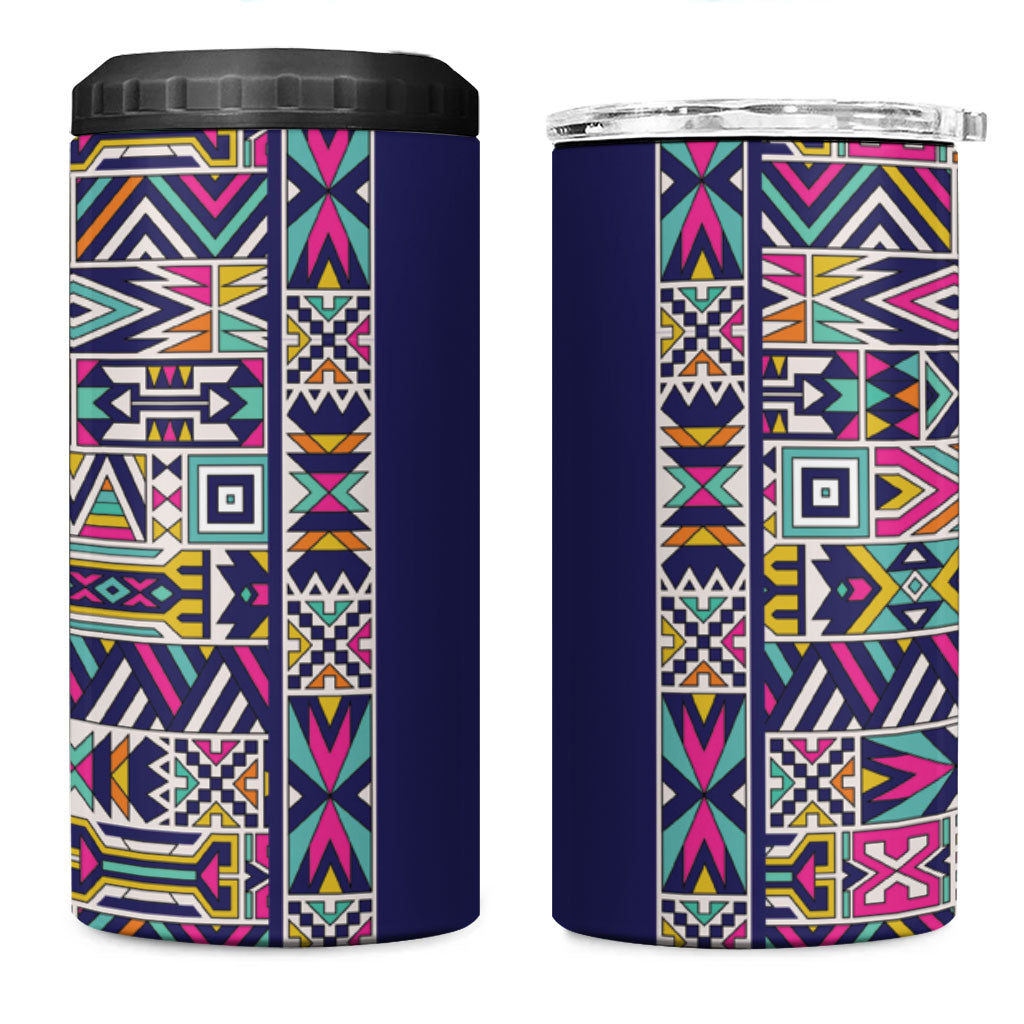 African Ndebele Art Patterns 4 in 1 Can Cooler Tumbler Navy Blue Half Style