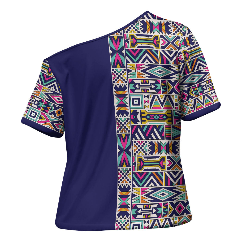 African Ndebele Art Patterns Cross Shoulder Shirt Navy Blue Half Style