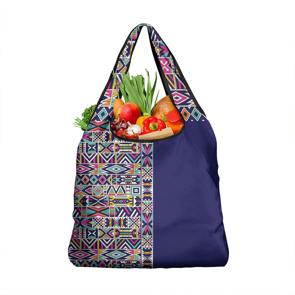 African Ndebele Art Patterns Grocery Bag Navy Blue Half Style