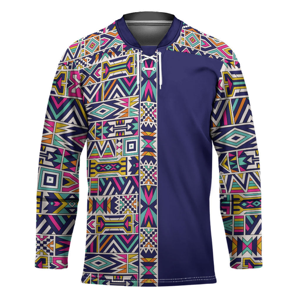 African Ndebele Art Patterns Hockey Jersey Navy Blue Half Style