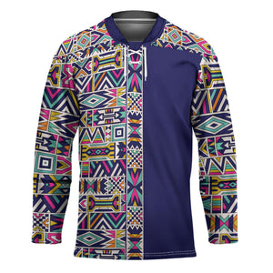 African Ndebele Art Patterns Hockey Jersey Navy Blue Half Style