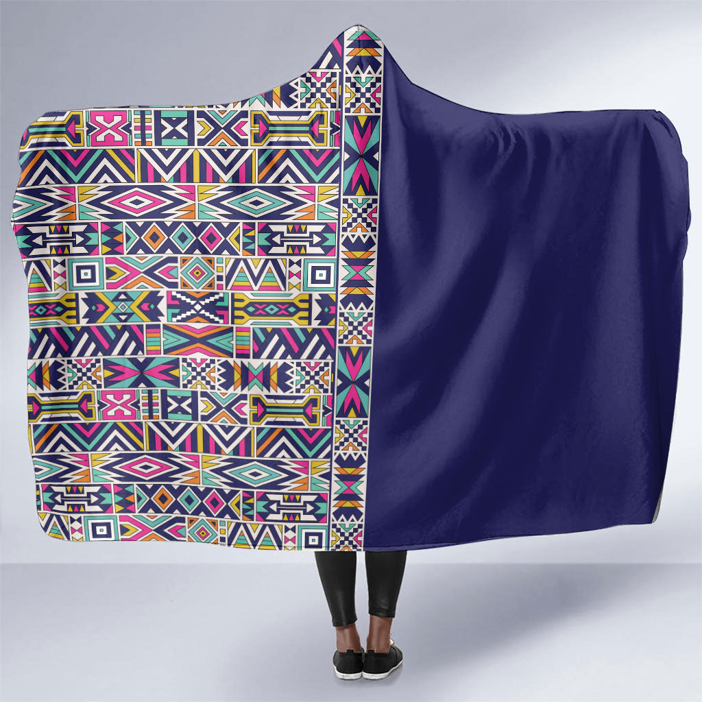 African Ndebele Art Patterns Hooded Blanket Navy Blue Half Style