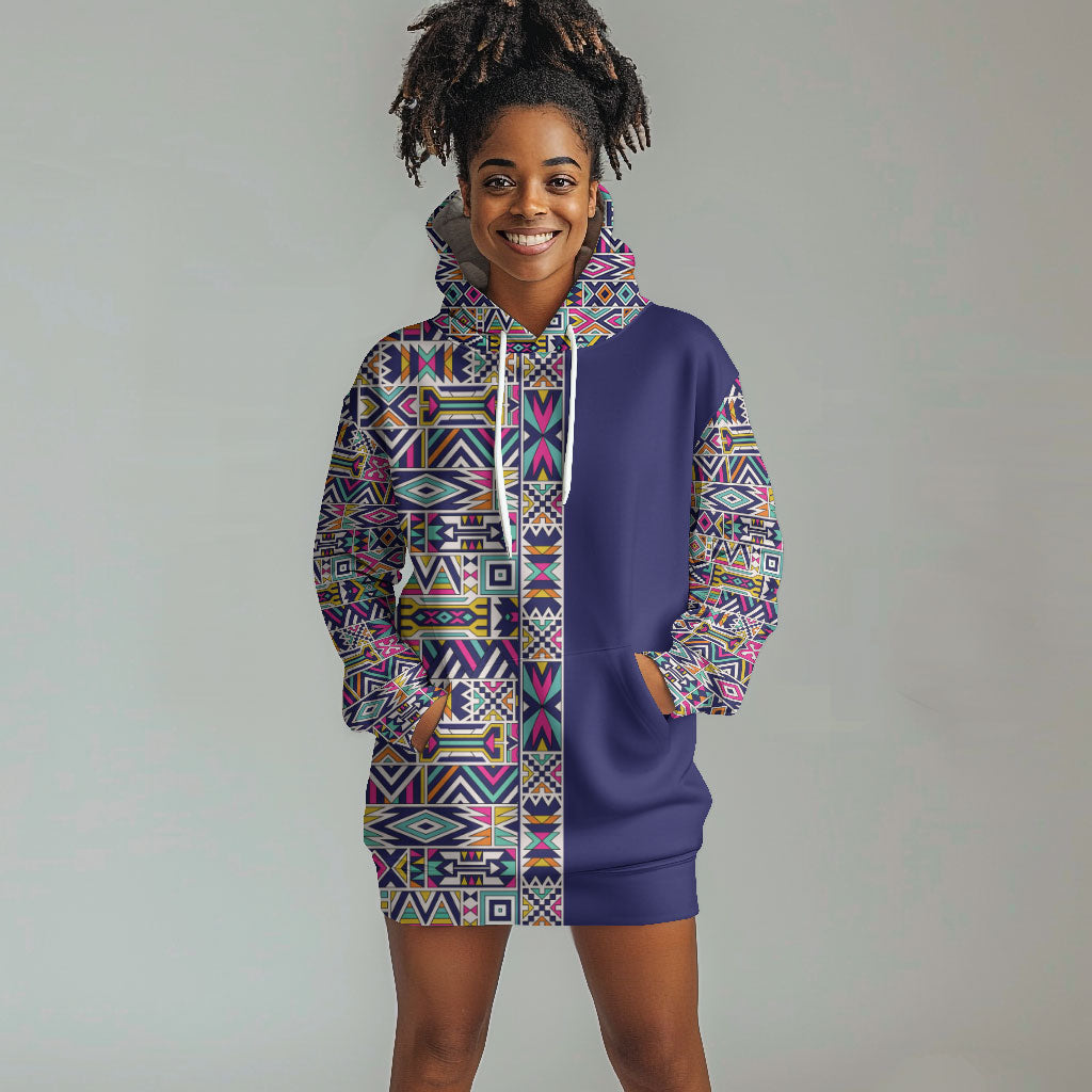 African Ndebele Art Patterns Hoodie Dress Navy Blue Half Style
