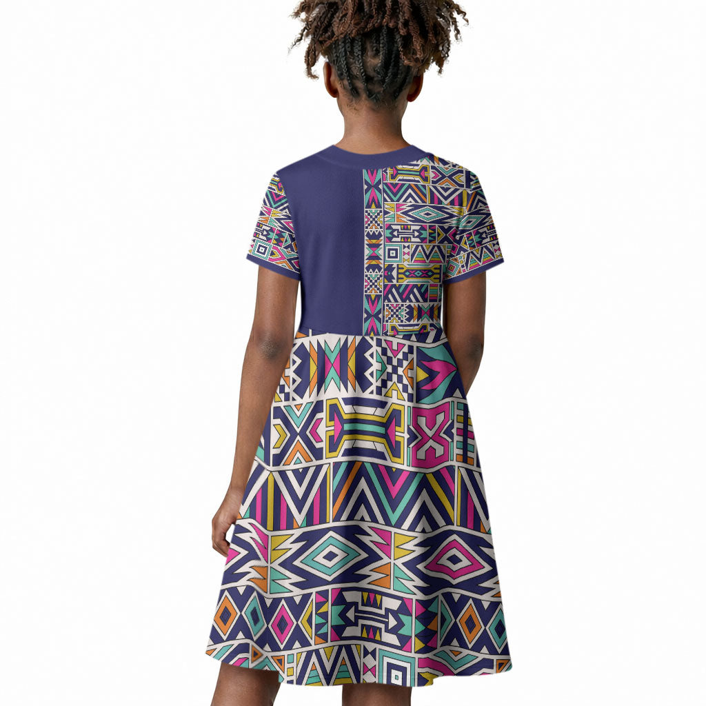 African Ndebele Art Patterns Kid Short Sleeve Dress Navy Blue Half Style