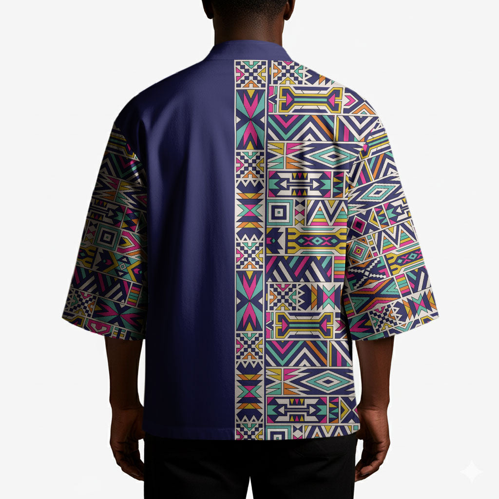 African Ndebele Art Patterns Kimono Navy Blue Half Style