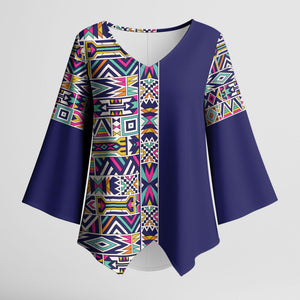 African Ndebele Art Patterns Kimono Sleeve Blouse Navy Blue Half Style