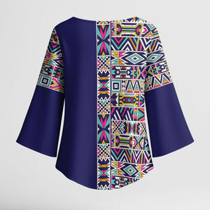 African Ndebele Art Patterns Kimono Sleeve Blouse Navy Blue Half Style