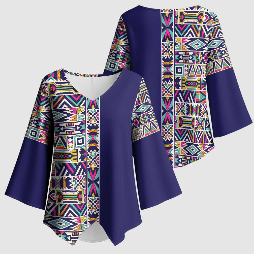 African Ndebele Art Patterns Kimono Sleeve Blouse Navy Blue Half Style