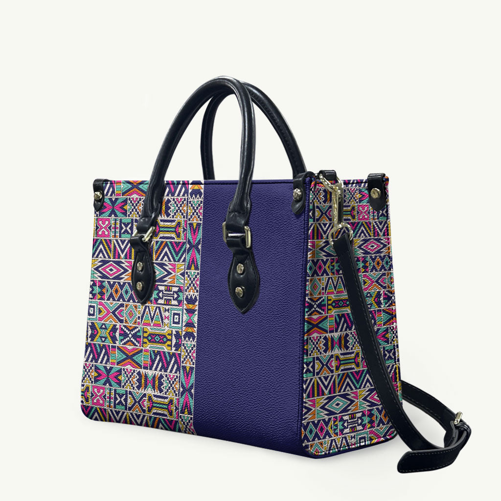 African Ndebele Art Patterns Leather Bag Navy Blue Half Style