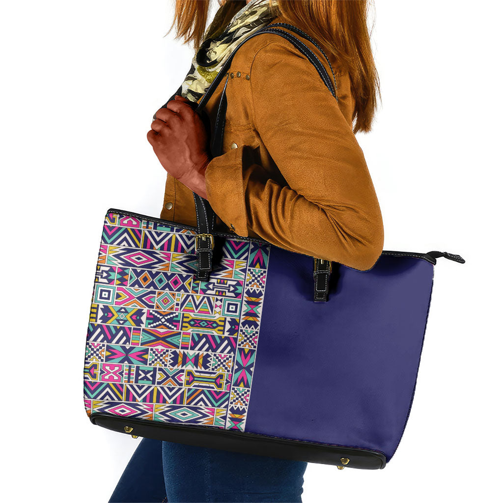African Ndebele Art Patterns Leather Tote Bag Navy Blue Half Style