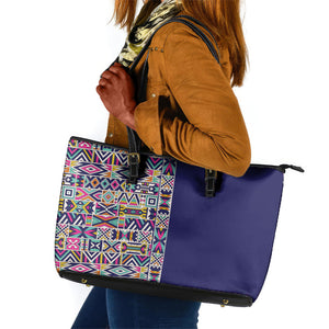 African Ndebele Art Patterns Leather Tote Bag Navy Blue Half Style
